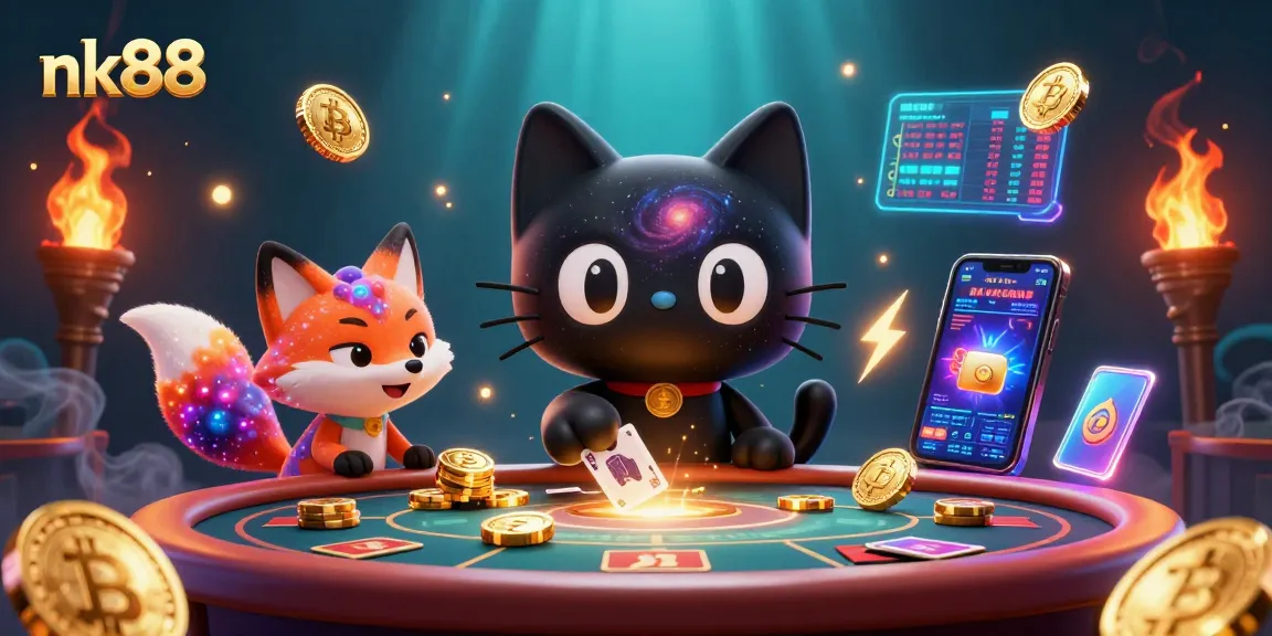 Join the cosmic casino adventure at nk88 with a whimsical black hole cat and nebula fox!