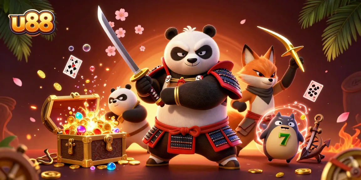 Engage with u88's vivid gaming experience featuring a samurai panda and friends amid treasure!