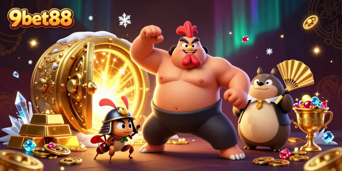 9bet88 features a dynamic scene with a sumo wrestler and a cricket in an action-packed casino environment.