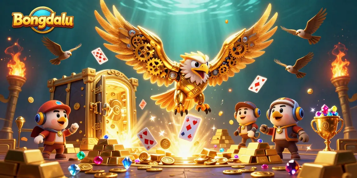Bongdalu showcases vibrant gameplay with a cybernetic eagle diving through holographic cards in a treasure-filled scene.
