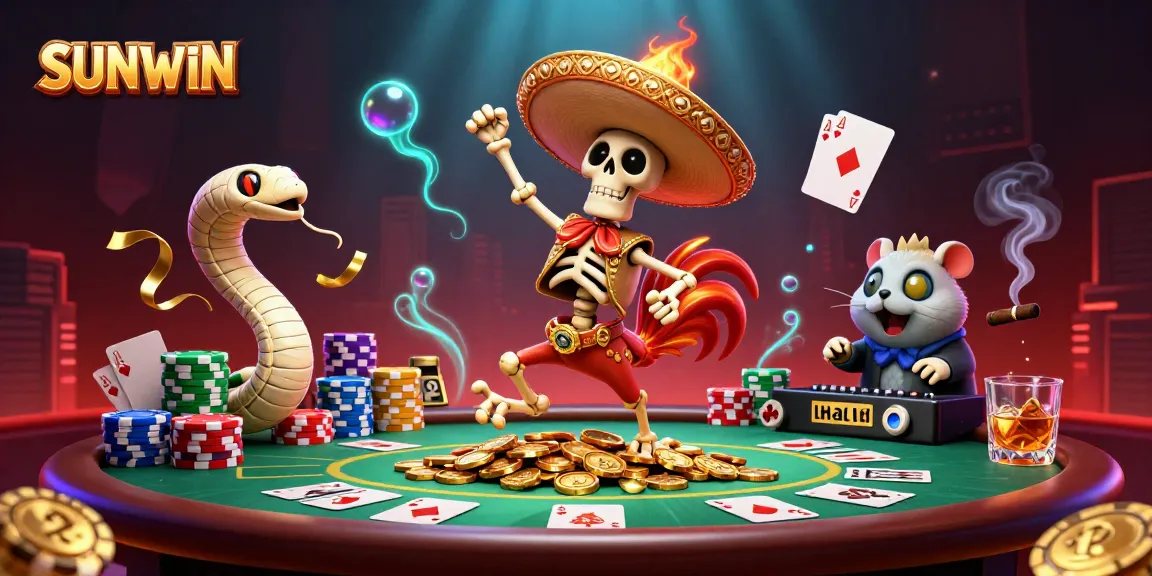 SUNWIN energized victory scene featuring a mariachi rooster and dynamic casino elements, celebrating rich winnings.