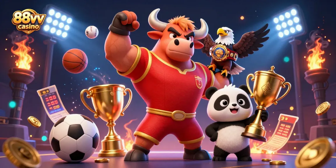 Experience the excitement at 88vv casino with dynamic sports imagery and vibrant characters celebrating victory.