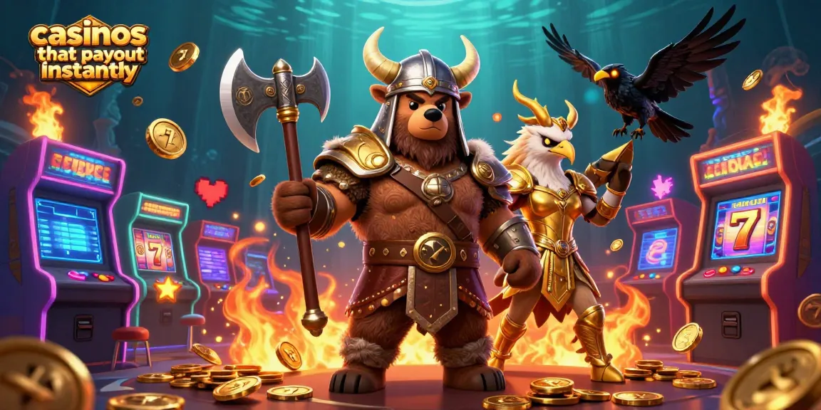 Experience thrill at casinos that payout instantly with animated Viking and Valkyrie in a vibrant 3D scene.
