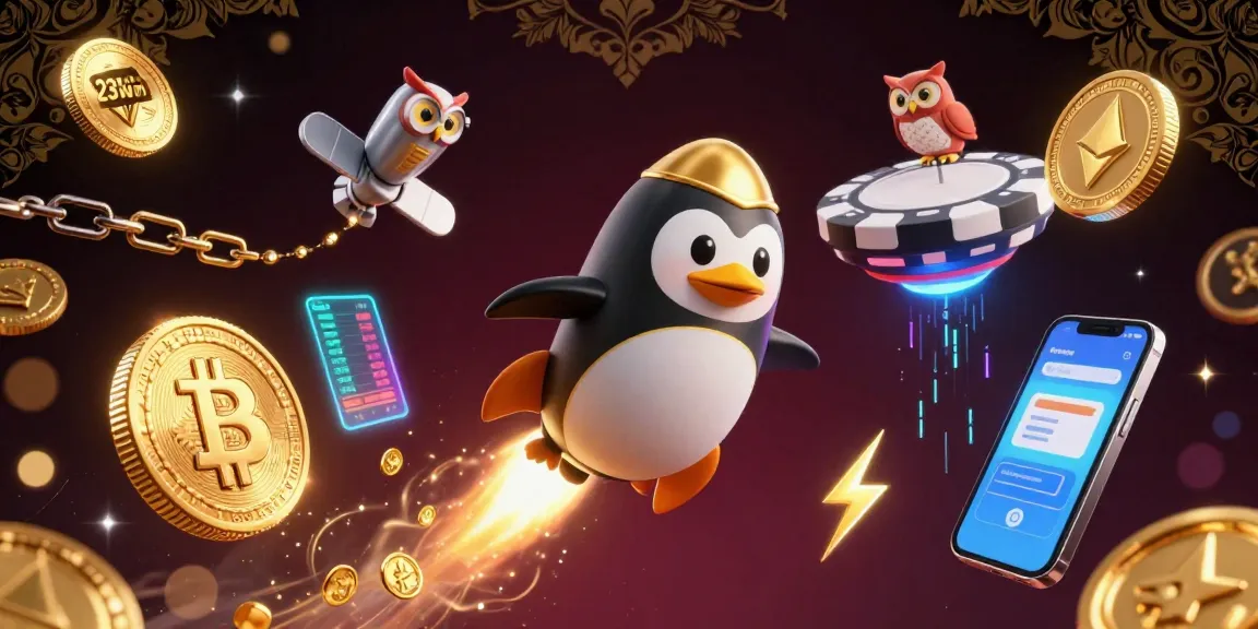 Experience thrilling gaming at 23win as a golden penguin navigates a vibrant casino-themed galaxy.