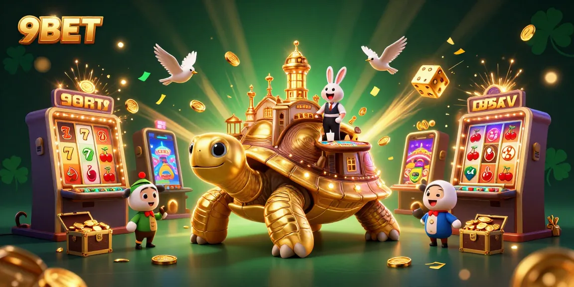 Experience thrilling gameplay at 9BET with a stunning 3D casino scene featuring a whimsical tortoise casino and vibrant slot elements.