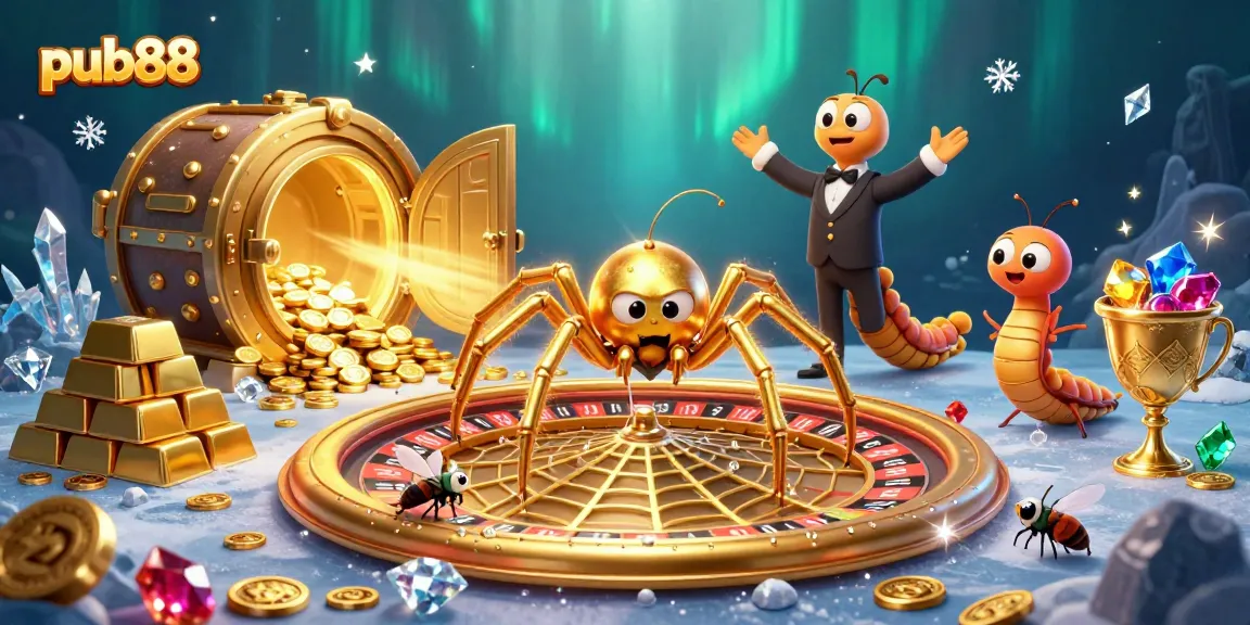Experience excitement at pub88 with a golden spider and roulette wheel in a vibrant casino scene.