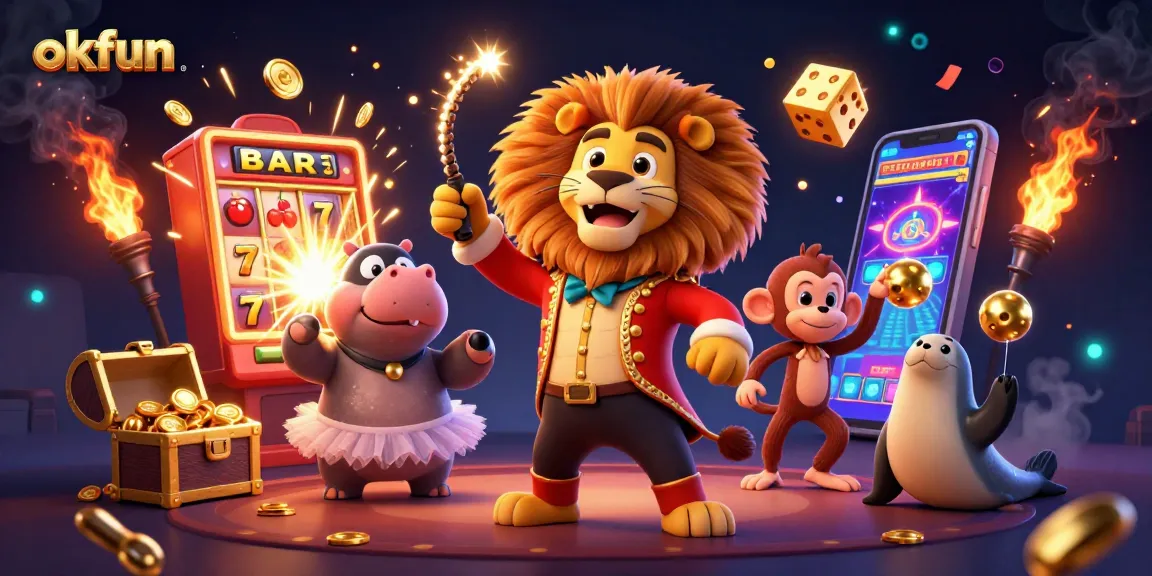 Play exciting slot games at okfun with vibrant characters amidst a jackpot explosion and dynamic gaming elements.