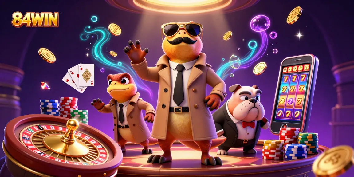 Experience excitement at 84WIN, where vibrant raptors navigate a VIP casino entrance amidst golden coins.