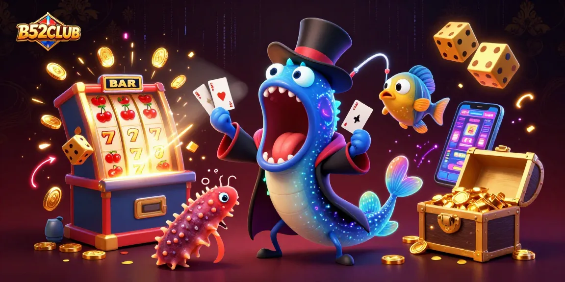 Win big with B52CLUB as a bioluminescent eel performs magic in a lively casino scene.