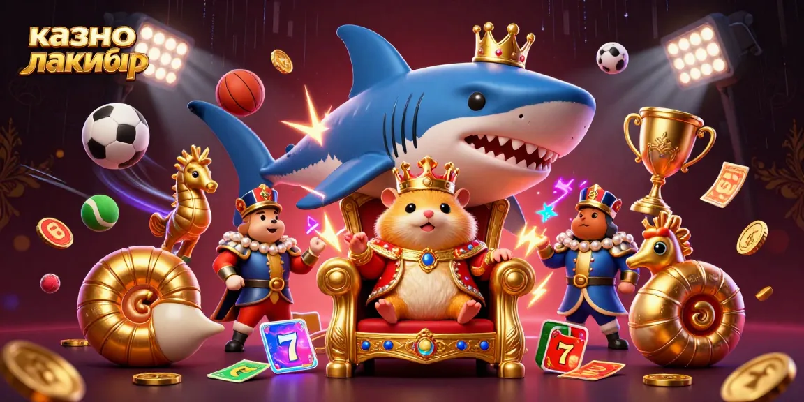 Experience казино лакибир with vibrant 3D elements of slots, sports, and a fierce golden hamster king.