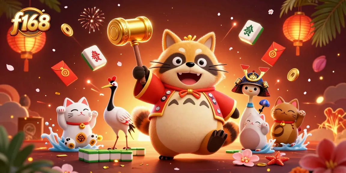 Experience the excitement at f168 with dynamic symbols and characters in a vibrant casino illustration.