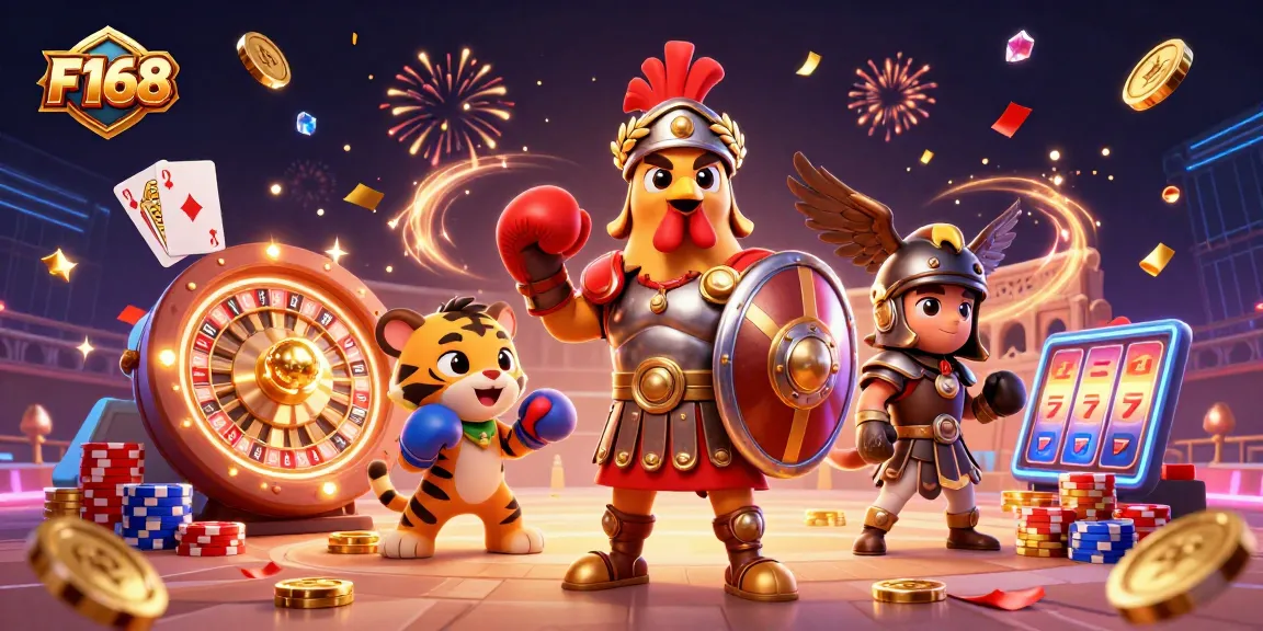 Experience the excitement of F168 with a dynamic 3D illustration of casino elements and characters.