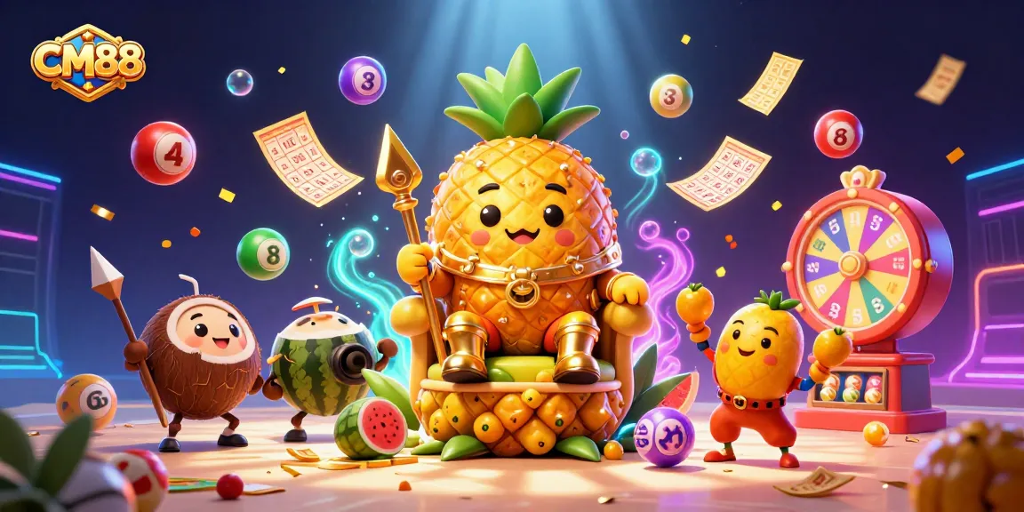 CM88 casino features a pineapple king surrounded by lottery balls and dynamic game elements.