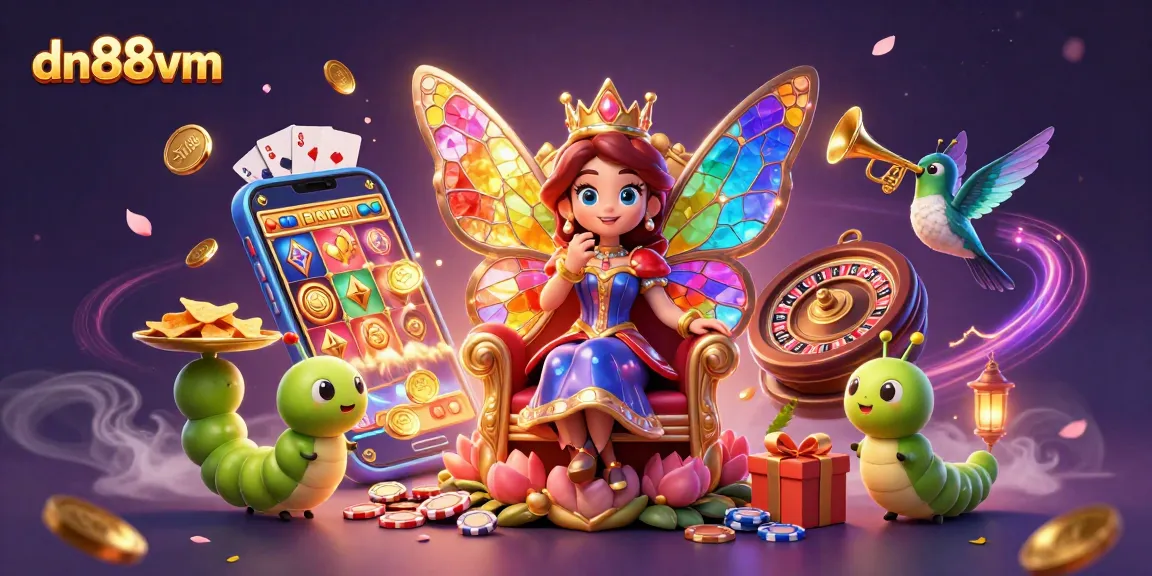 Experience the vibrant world of dn88vm with a butterfly queen amidst a colorful casino scene.