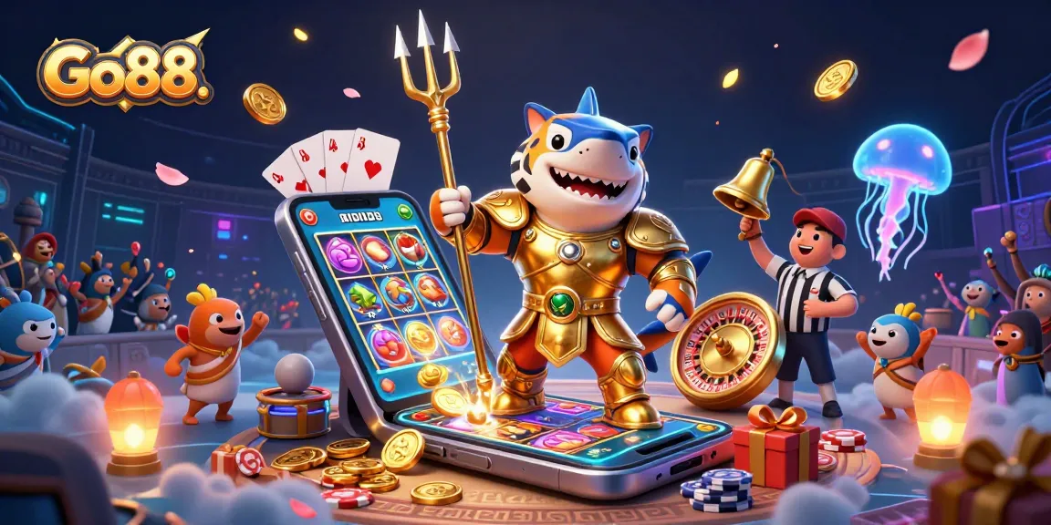 Experience Go88. with a fierce golden tiger shark in a dynamic underwater casino scene filled with gaming elements.