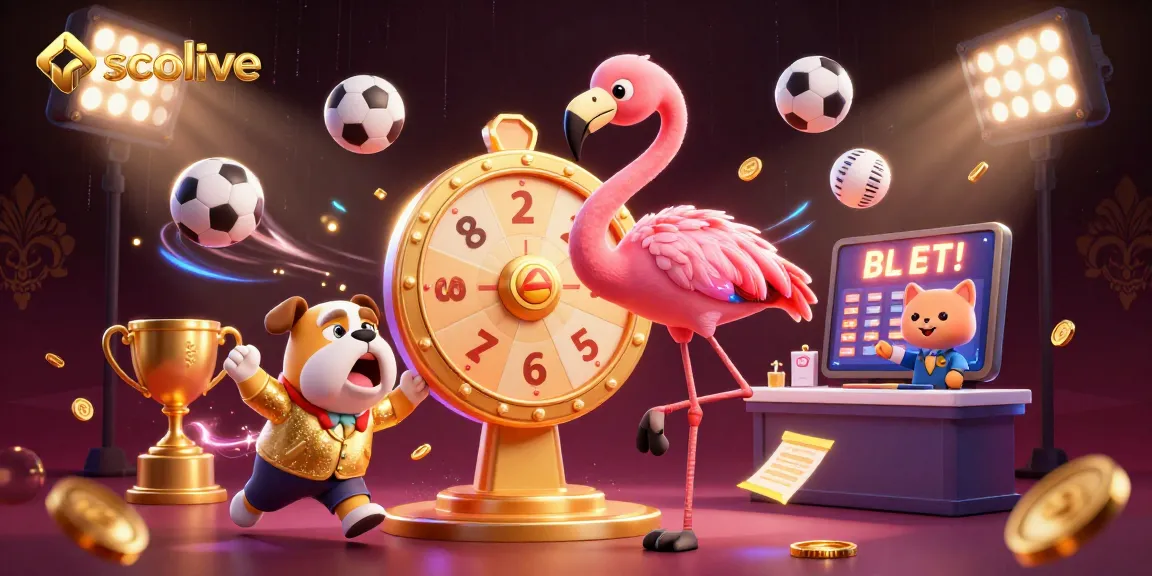 Socolive presents an exciting 3D scene with a flamingo host and a bulldog contestant amid dynamic sports elements.
