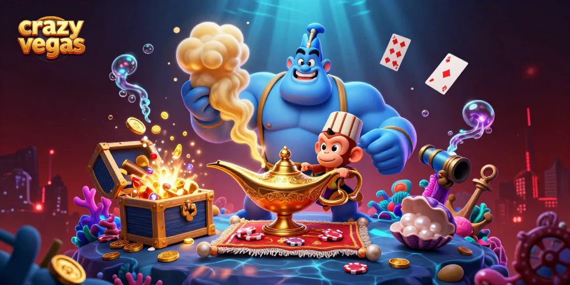 Explore the enchanting world of crazyvegas, featuring a muscular genie, a playful monkey, and a vibrant magic carpet in a dynamic scene.