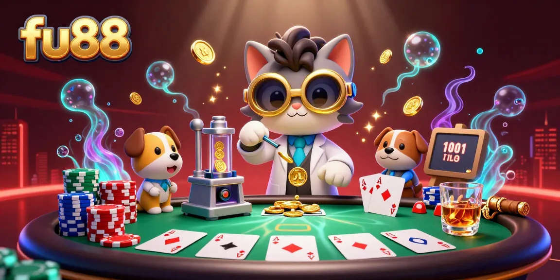 Join the excitement at fu88 with a lively scene of a mad scientist cat and dog making money in a casino.