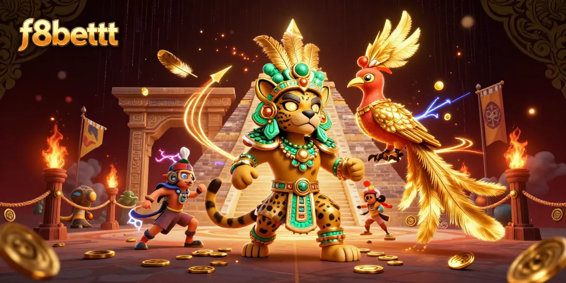Experience vibrant gaming action with f8bettt and Mayan-inspired 3D casino illustration.