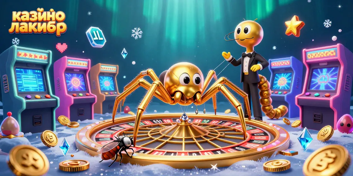 Experience thrilling moments at казино лакибир with an exciting 3D visual featuring a golden spider and game machines.