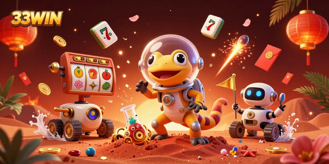 Experience thrilling excitement at 33WIN with a dynamic casino scene featuring a Martian gecko and slot games.